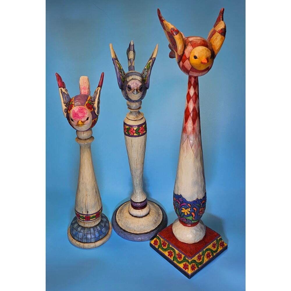 Jim Shore Heartwood Creek 2004 Bird Finial Pedestal Figurine Set/3 Vintage Ret'd